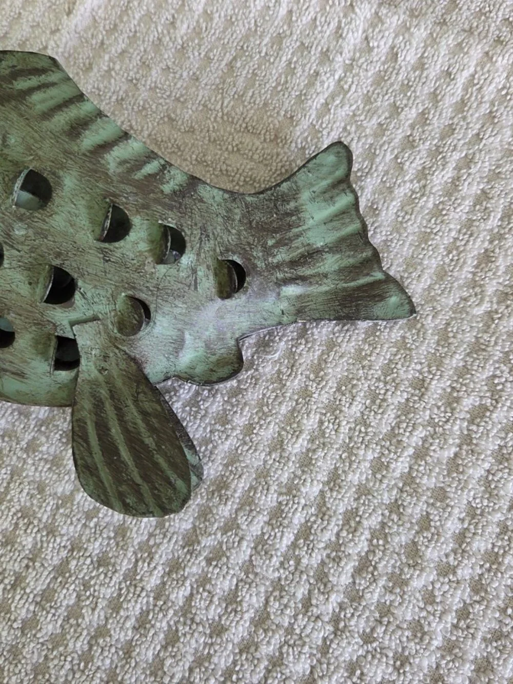 Metal Fish Tea Light Candle Holder Green Rustic Steel Sculpture 9” Cabin